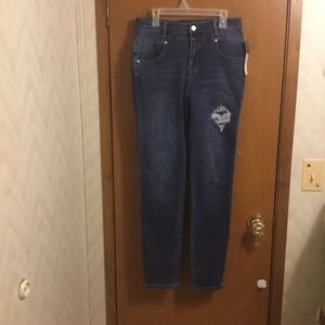 Bebe Destroyed Distressed Rhinestone Dark Wash Blue Skinny Jeans 30